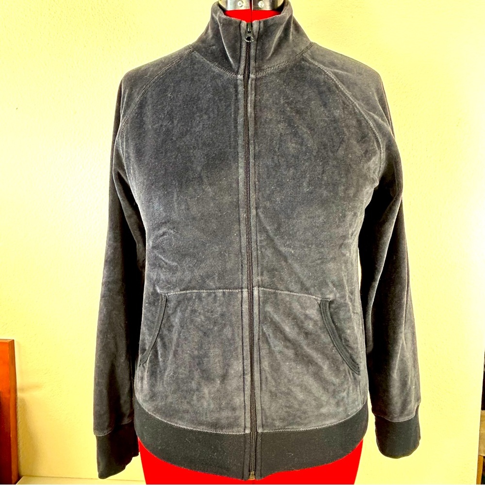 Gap Vintage Y2K Black Zip Front Velour Jacket, Size L